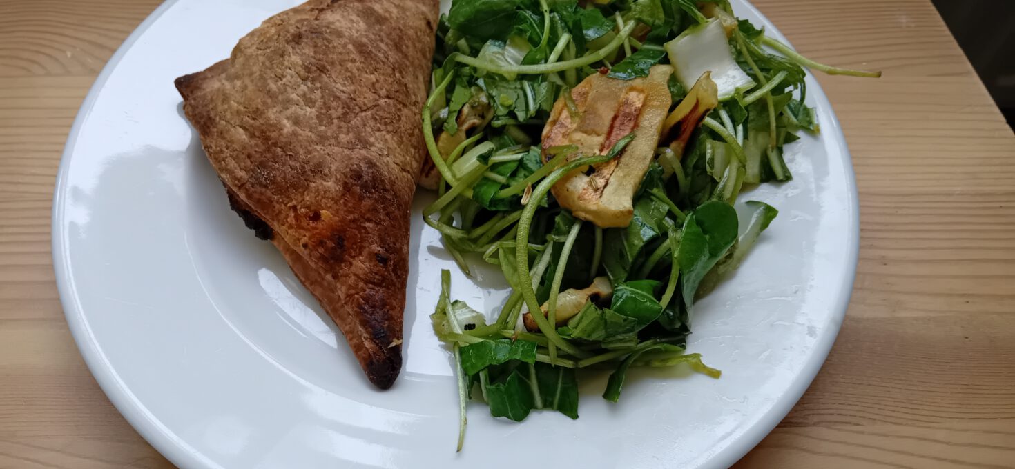 Vegan Chicken Peanut Curry Pastries and a Salad with Winter Purslane, Bok Choy, Grilled Parsnips and Apple-Ginger Dressing