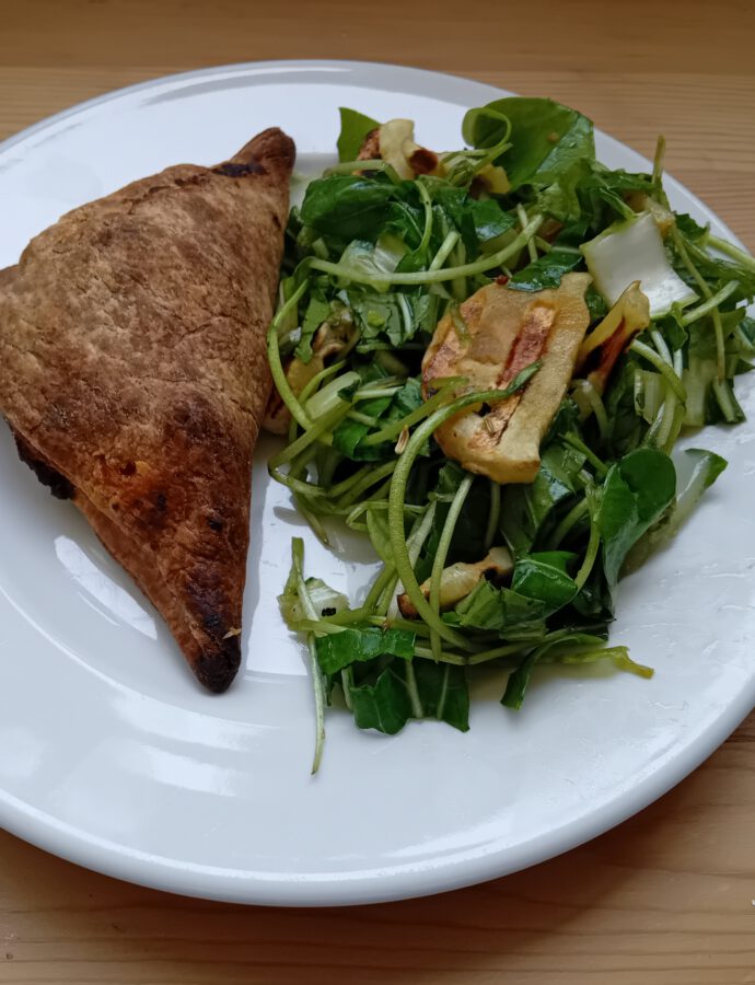 Vegan Chicken Peanut Curry Pastries and a Salad with Winter Purslane, Bok Choy, Grilled Parsnips and Apple-Ginger Dressing