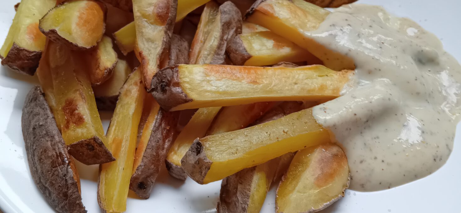 Basic Fries without Oil with a Soy Yogurt-Mustard Sauce