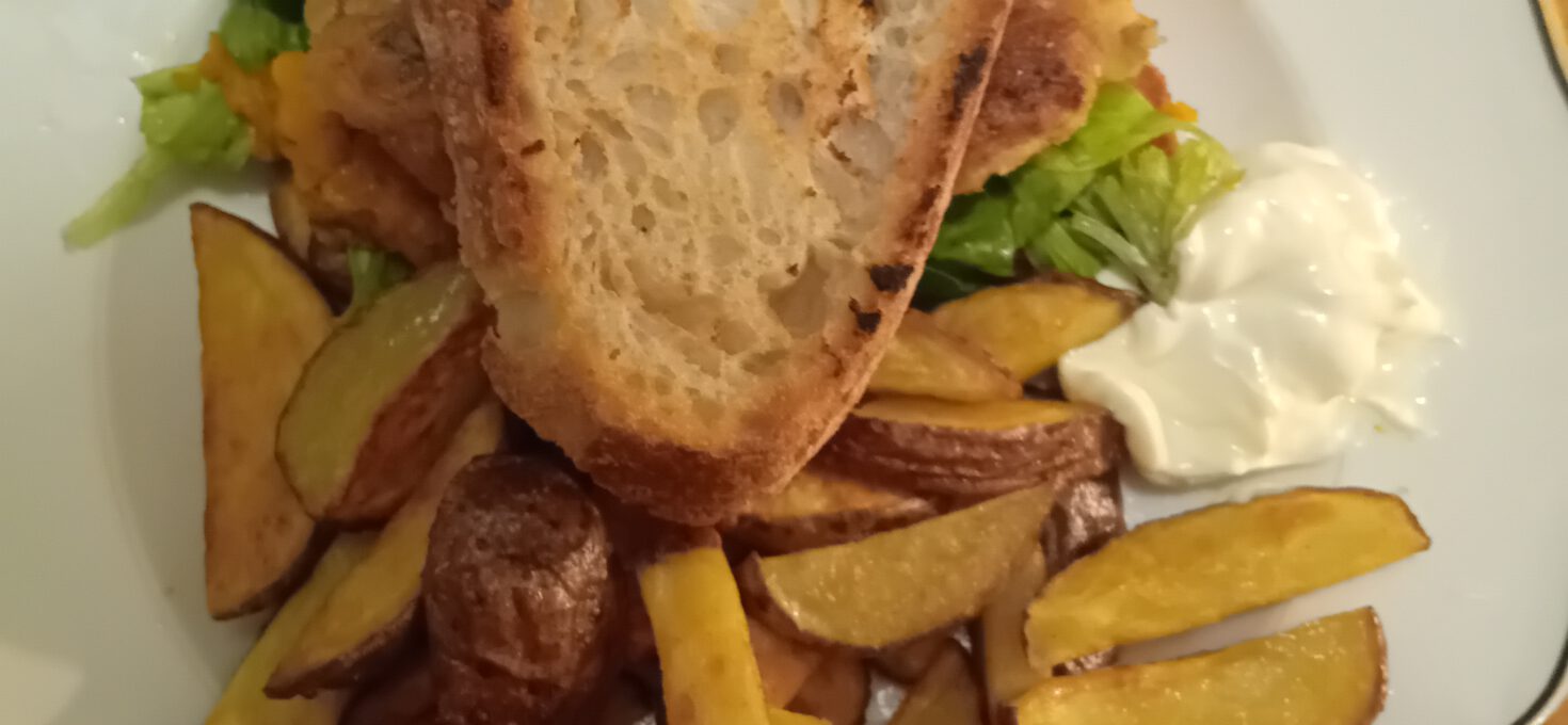 Burgers of Rutabaga and Brown Breans on Bread with Pumpkin Puree with Oven Fries