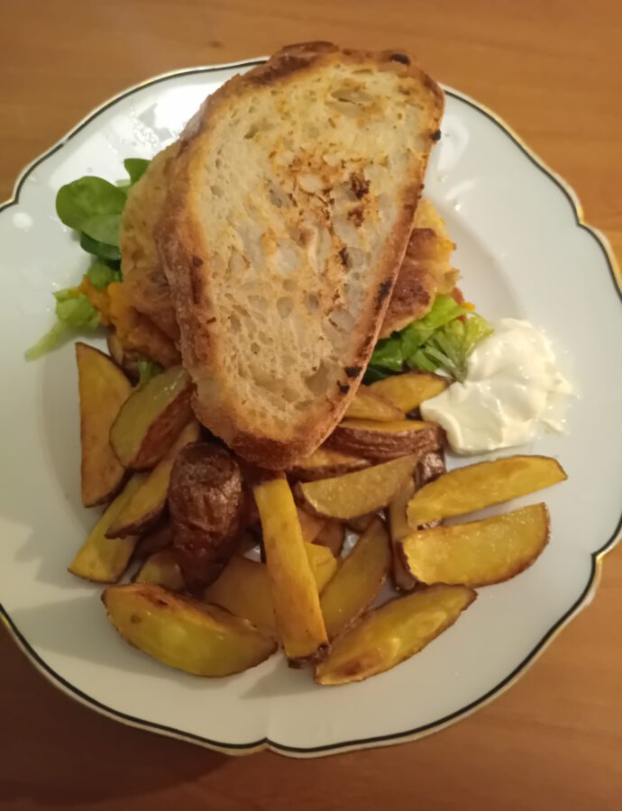 Burgers of Rutabaga and Brown Breans on Bread with Pumpkin Puree with Oven Fries