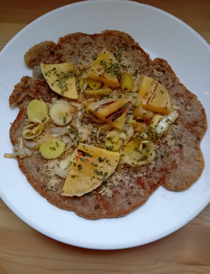 Vegan Pancake with Grilled Rutabaga, Leek, Nutritional Yeast Flakes and Parsley