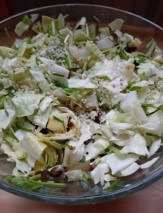 Fresh Spring Salad with Pointed Cabbage, Turnip Greens, Chicory and Pear