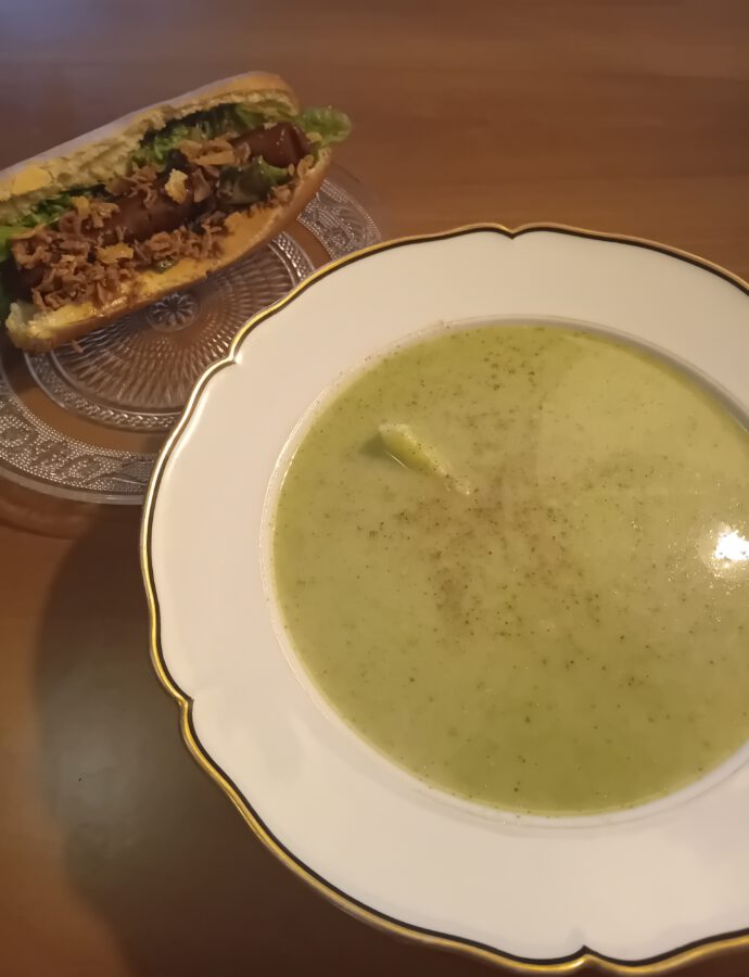 Broccoli Soup with a Vegan Merguez Sandwich