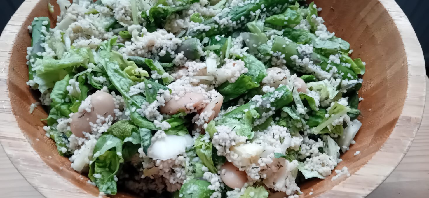 Lukewarm Couscous Salad with Green Asparagus, Butter Beans, White Cabbage, Turnip Greens, Cucumber and Green Lettuce