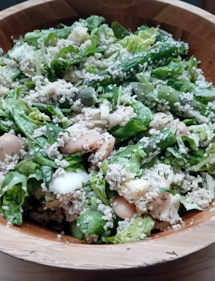 Lukewarm Couscous Salad with Green Asparagus, Butter Beans, White Cabbage, Turnip Greens, Cucumber and Green Lettuce